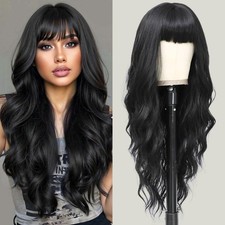 Black Wig with Bangs 26 Inch Long Curly Wavy Wigs for Women Begineer-Friendly...