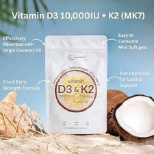Vitamin D3 K2 MK7 10000 IU 200mcg 300 Softgels 2 Pack Coconut Oil