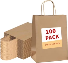 100 Pack Brown Paper Bags with Handles,8X4.25X10.5 Inches,Gift Bags Medium Size,