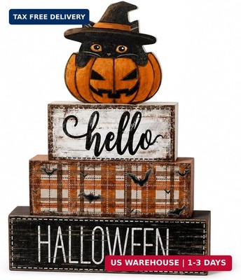 4Pcs Halloween Tabletop Decorations Wooden Cat Pumpkin Signs Gift
