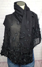 Elegant Sheer Long Scarf Black Applique Flowers Sequins Dressy Formal Boho Goth