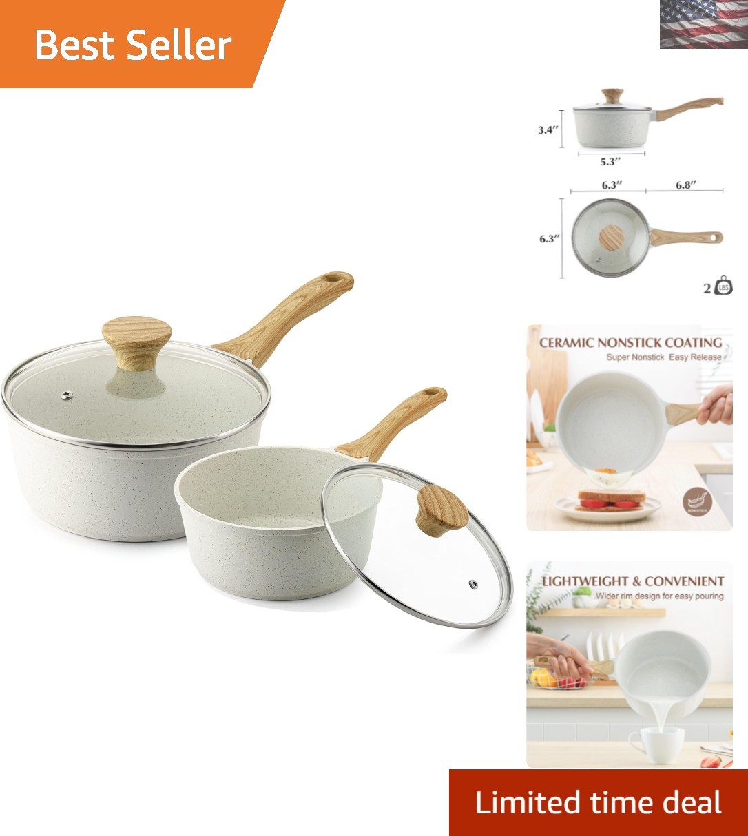 1.5QT & 2.5QT Nonstick Ceramic Saucepan Set - Versatile & Easy Clean