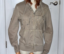 Rare Vintage Y2K Lucky Brand Taupe Embroidered Beaded Boho Zip Hoodie S