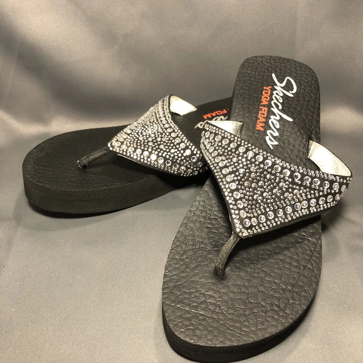 WOMENS SKECHERS YOGA FOAM WEDGE BLACK BLING SANDAL FLIP FLOP SIZE 9