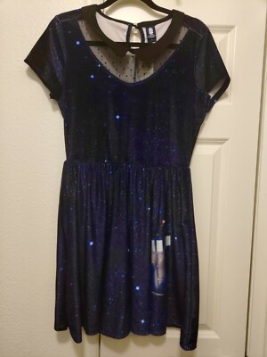 Hot Topic BBC Doctor Who Velvet Galaxy Peter Pan Collar Skater Dress NEW Large