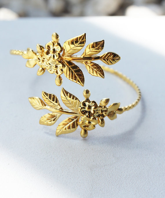 Leaf Bracelet Floral Gold Plated Goddess Adjustable Bangle