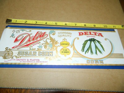 DELTA Brand, Olney & Floyd, Sugar Corn, *AN ORIGINAL 1910 s TIN CAN LABEL