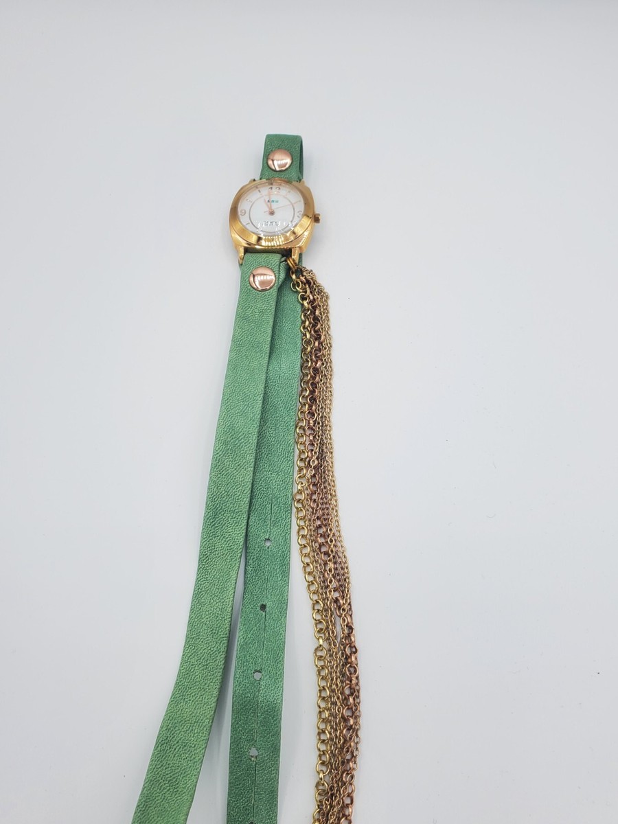 LA MER COLLECTIONS Green Leather Gold Chain Wrap Bracelet Watch EUC in Box LA MER Round Wristwatches for sale | eBay main image 3