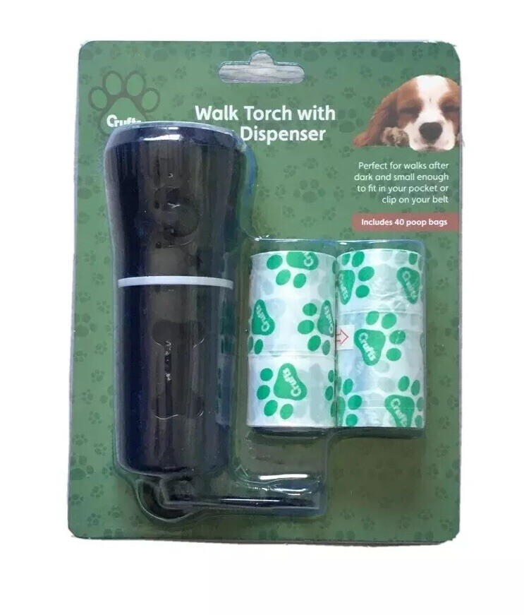 Dog Walking Torch LED Poo Bags CRUFTS Dispenser 40 Bags Black Torch with Clip