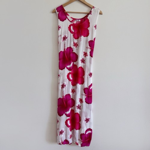 y2k hawaiian dress Pink midi floral tropical Boho Summer Frangipani Hibiscus - Picture 2 of 14