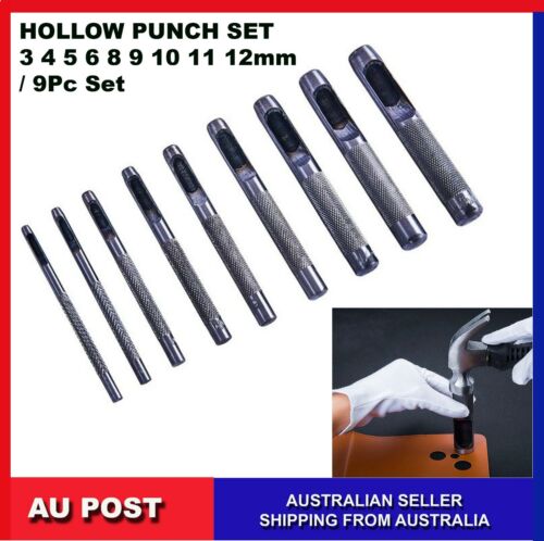  9 pcs Hollow Punch Set Leather Hole Steel Punching Tool Size 3-12mm  - Picture 1 of 15