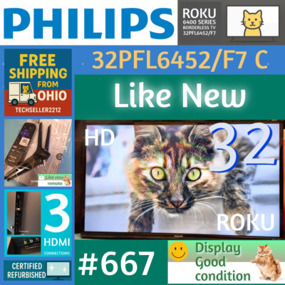 Philips 32'' HD(720P Smart Roku Borderless LED TV 32PFL6452/F7C with Remote/Stand