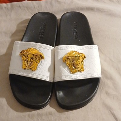 Versace Medusa Slide Men's Sandals Black White Gold Logo Slip-On US 12 EU 45