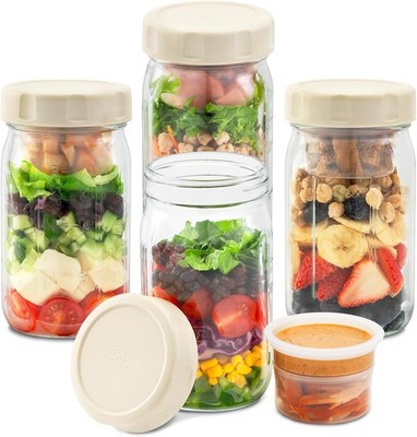 4 Pack Glass Salad Jars with Lids Meal Prep, Leakproof Container for Lunch, T...