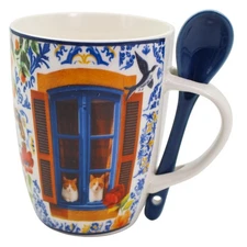 Portuguese Azulejo Ceramic Mug with Spoon – Blue Tile, Swallow & Floral Motifs
