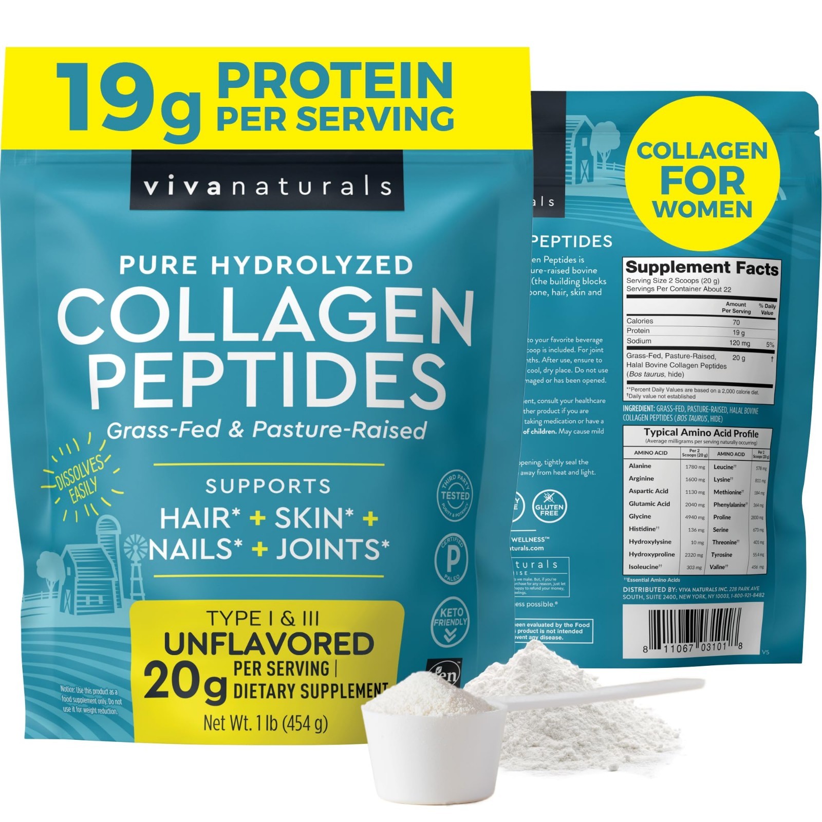 Collagen Peptides Powder - Grass-Fed Hydrolyzed Bovine, Type I &