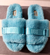 UGG Fluffita Slide Platform Slippers Teal Women's Size 7 US Lamb Fur
