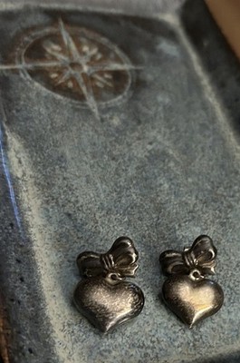 Vintage Sterling Silver Bow Puffy Heart Statement 925 Earrings Missing 1 Closure