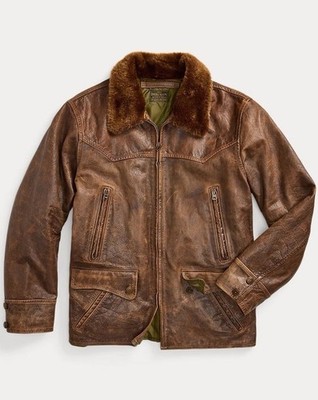 RRL Ralph Lauren Brown Shearling-Collar Leather Car Coat Jacket