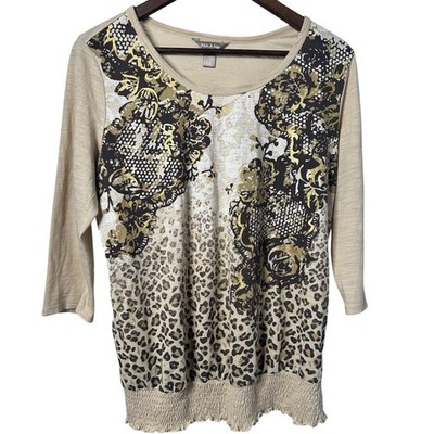 White Stag Women Large Animal Print Floral Compression Hem Beige Bohemian Shirt