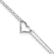 14k White Gold Double Strand Heart Anklet 10" w/1in ext. for Women