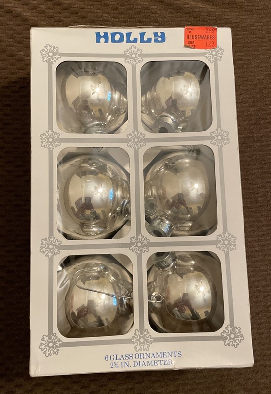 Vintage Holly Christmas Glass Ornaments - Set of 6 Silver 2 5/8” Diameter