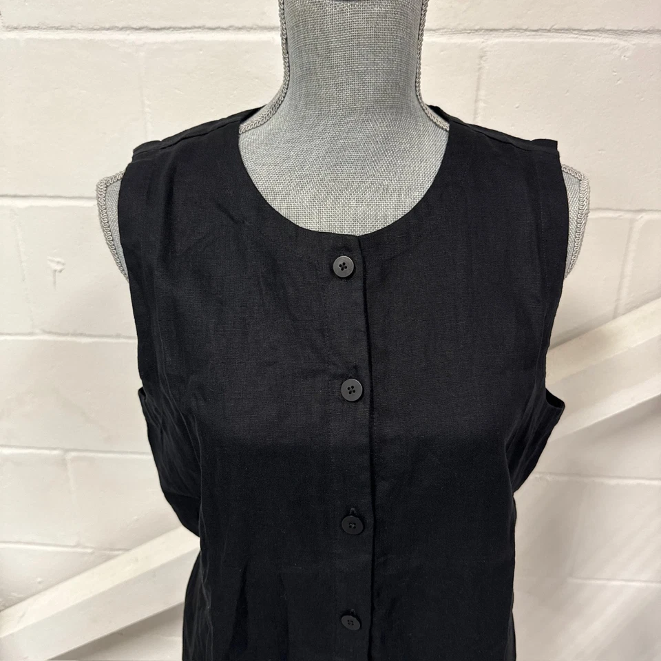 Eileen Fisher Black Button Front Organic Linen Long Sleeveless Vest Size M NWT - Image 2 of 4