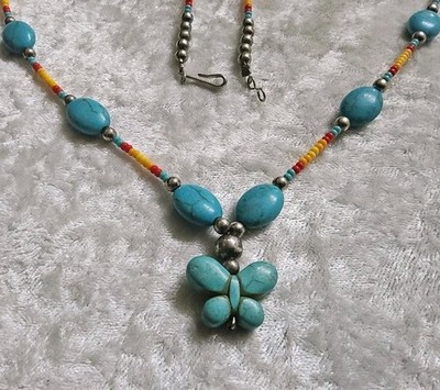Vintage Blue Howlite Microbead Butterfly Pendant Native Style Necklace 