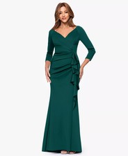 Xscape Ruffled Gown Cascading Ruffle 3/4 Sleeve Ruched 14 Pine Green NWOT $159