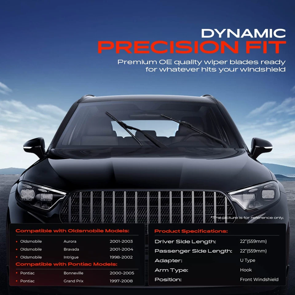 2x Escobillas limpiaparabrisas delanteras de 22" y 22" para gancho Olds Aurora Intrigue Pontiac Foto 2 de 4