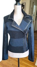 Line The Label Blue Black Leather & Wool Sweater Mix Moto Biker Jacket S Rare