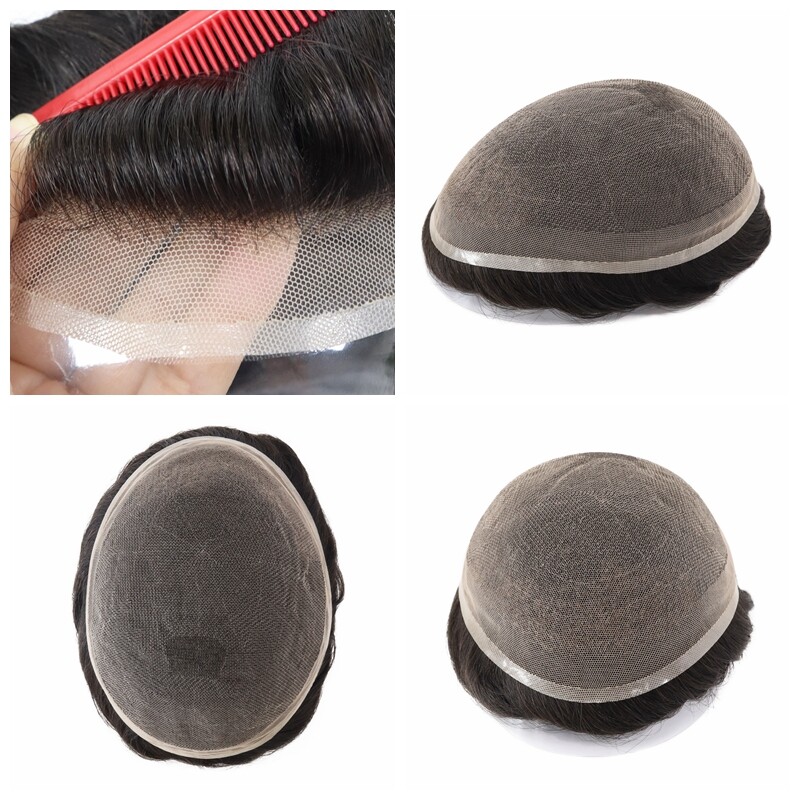 Sistema de Cabello Humano Toupee para Hombres Completo Encaje Francés Repuesto de Cabello Negro 8X10