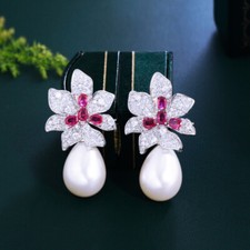 Women Flower Earrings Silver Plated Cubic Zircon Pearl Drop Wedding Jewelry Gift