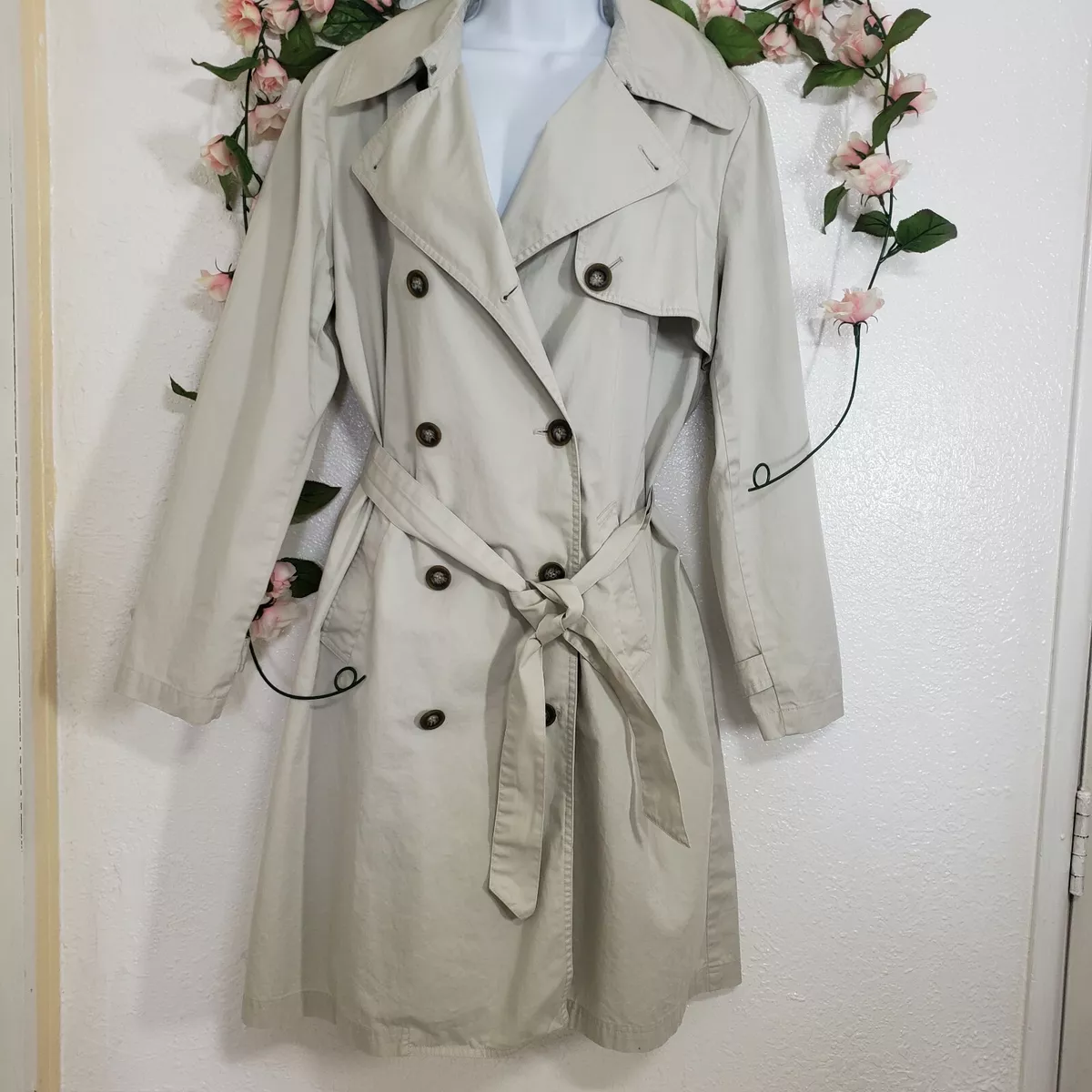 GARNET HILL Modern Pleated Trench Coat 100% Cotton Size M