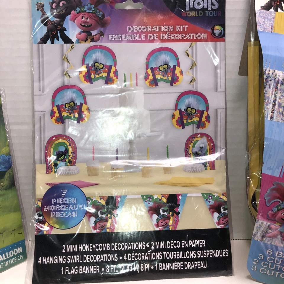 Juego de decoración de fiesta Trolls World Tour telón de fondo, centros de mesa, lote de globos nuevo con etiquetas Foto 3 de 4
