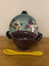 'Joules' Ceramic Turquoise Floral Saucer/Brown Tea/Coffee Cup & Yellow Spoon