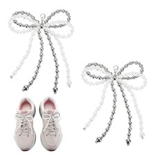 2 Pcs Pearl Bow Shoe Charm Double Butterfly Shoe Decoration, Silver White