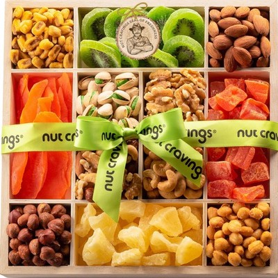 NUT CRAVINGS - Dried Fruit & Mixed Nuts Gift Basket in Reusable Wooden Tray +...