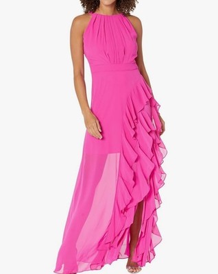 Betsy & Adam Hot Pink Fuchsia Chiffon Halter Maxi Dress Ruffle Slit Gown 12P NWT