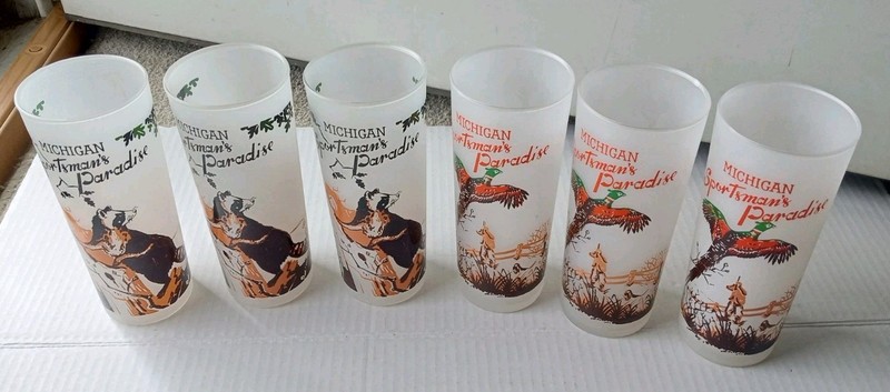 Vintage Michigan Sportsman's Paradise Frosted Tumblers Set Of 6 Rare/Unique Set