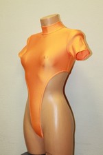 Women Thong Leotard 106-08 Hygh Collar High Open Thig Orange Spandex Size L