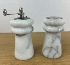 Vintage Polished White Grey Marble Stone Salt Shaker & Pepper Grinder 4" Heavy