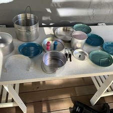 Vtg Aluminum Nesting Camp Cookware Set Coffee Pot Plates Handles