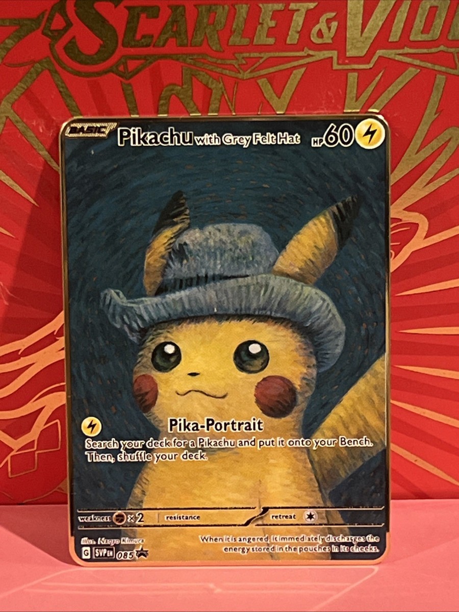 Pokemon Inspired Metal Card Pikachu With Grey Felt Hat For Gift