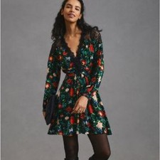 NWT Anthropologie Black Red Floral Lacy V-Neck Mini Dress Size 2