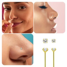 14K Solid Gold 22G Clear Crystal CZ Fishtail Nose Stud Ring 11mm Nose Jewelry