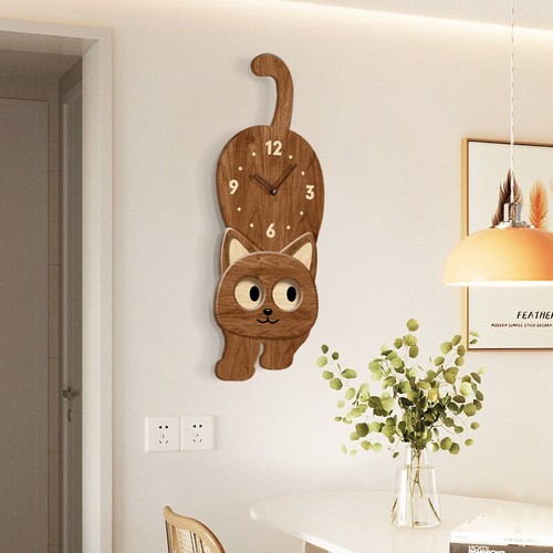 10 Inch Wooden Cute Cat Wall Clock Moving Eyes Analog Clock for Room Decor - Picture 6 of 9