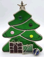 Stained Glass Christmas Tree Candle Holder W Applied Decor  Presents 5.25"