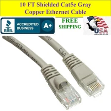 10Ft Cat5e Gray Shielded Ethernet Patch Cable RJ45 Gold Connectors 24 AWG Copper