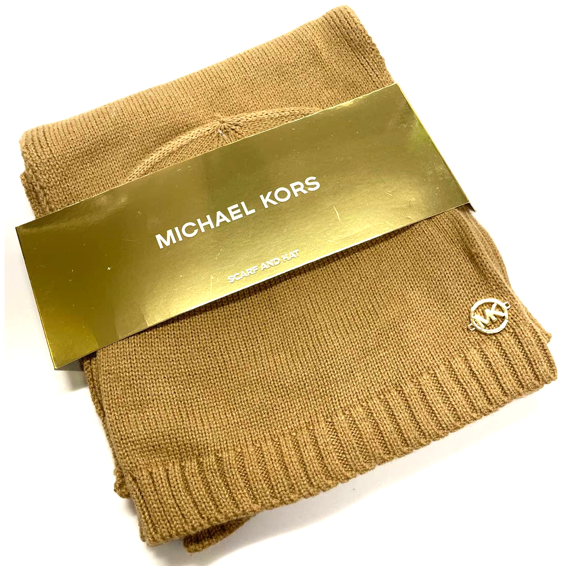 New MICHAEL KORS Camel Brown Zig Zag MK Logo 2 Pc Hat & Scarf Set RETAIL $98